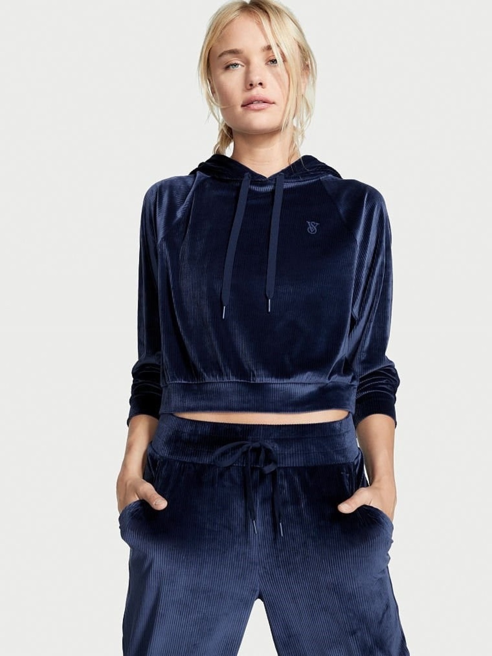 Victoria's Secret Navy Velvet Ribbed Cropped Hoodie